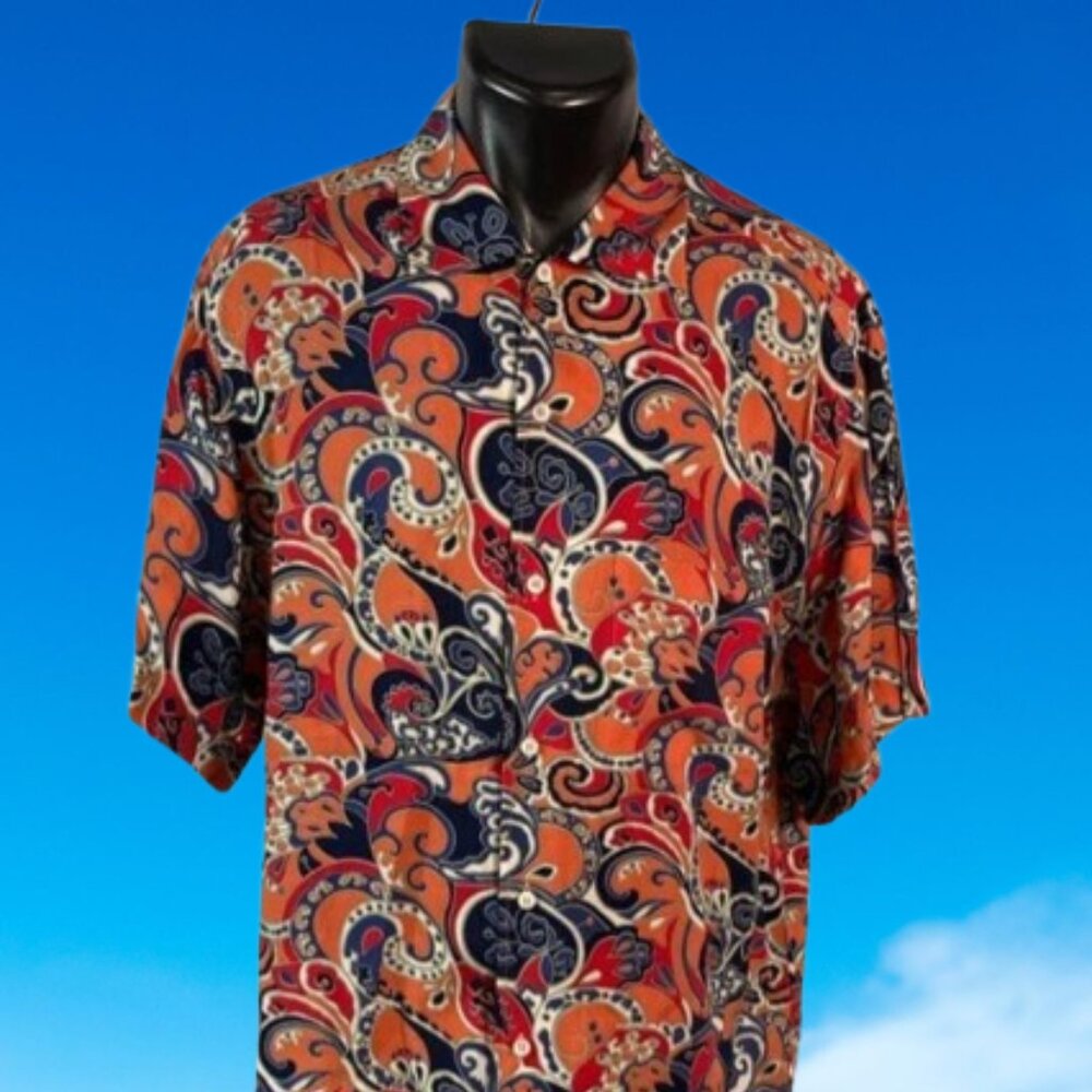 Brioni Mens Rare Orange Red Paisley Button Down M Rayon Sport Shirt Italy $1195